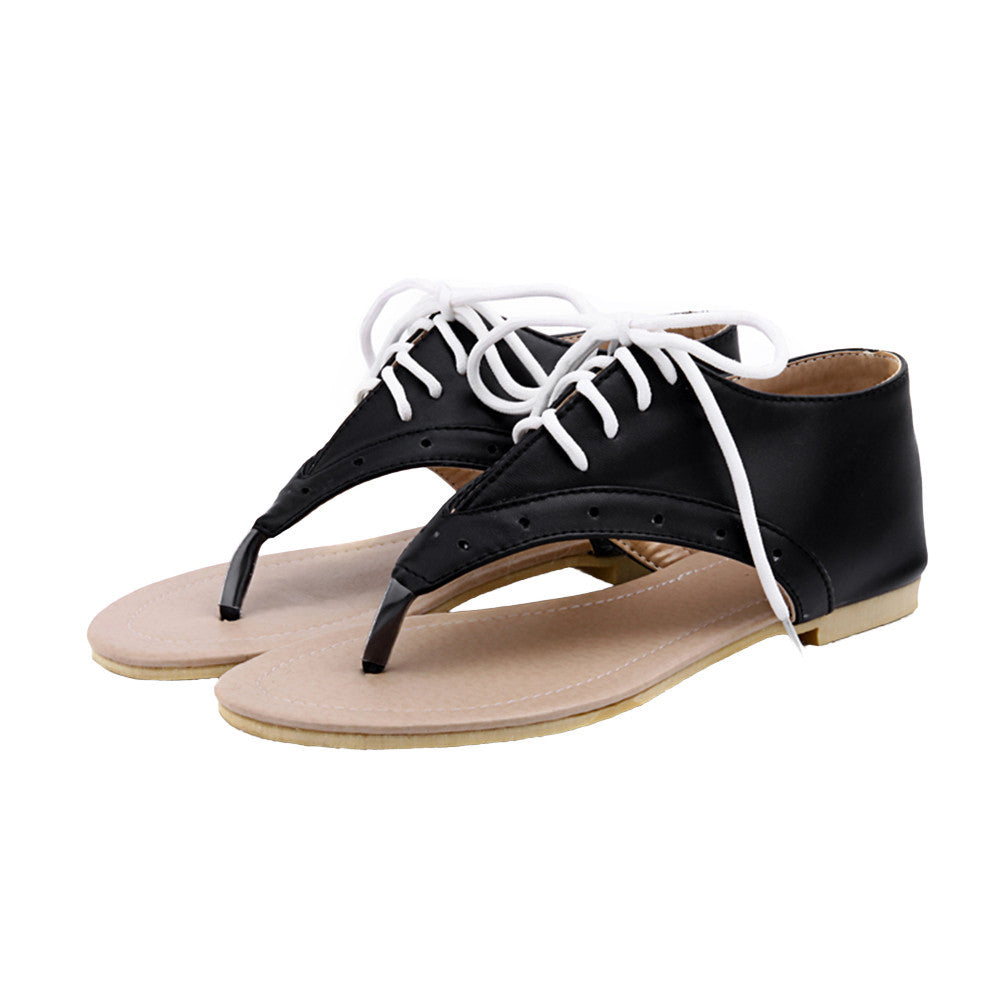 women flat sandals lace up cut out flip flop shoes woman pu leather gladiator sandals women plus size sandale femme J4U66