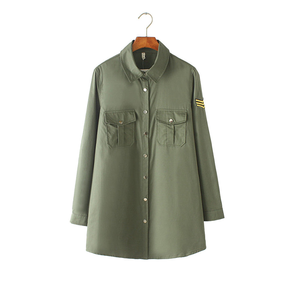 women shirts chest pockets embroidery turn down collar long sleeves button casual women tops loose blouse army green J4U66