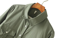 women shirts chest pockets embroidery turn down collar long sleeves button casual women tops loose blouse army green J4U66