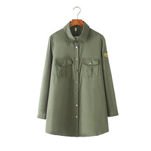 women shirts chest pockets embroidery turn down collar long sleeves button casual women tops loose blouse army green J4U66