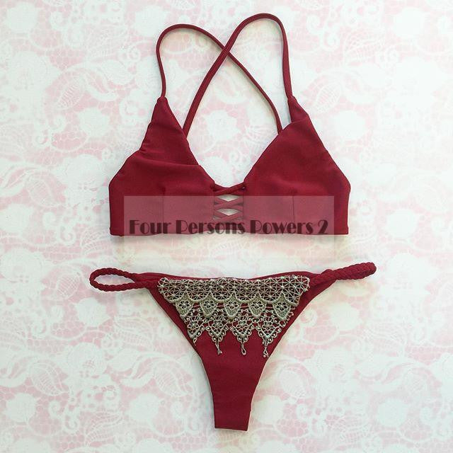 swimwear women bikini push up lace knitting sexy bandage swimsuit bathing suit brazilian bikini set maillot de bain biquini J4U66