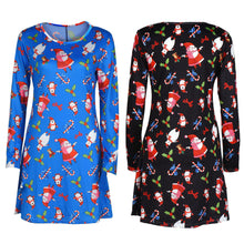 Ladies Women Long Sleeve Olaf Santa Printing O-neck Party Elegant Swing Dress Plus Size S-XL Vestidos J4U66