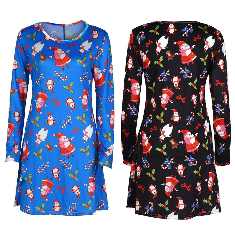 Ladies Women Long Sleeve Olaf Santa Printing O-neck Party Elegant Swing Dress Plus Size S-XL Vestidos J4U66