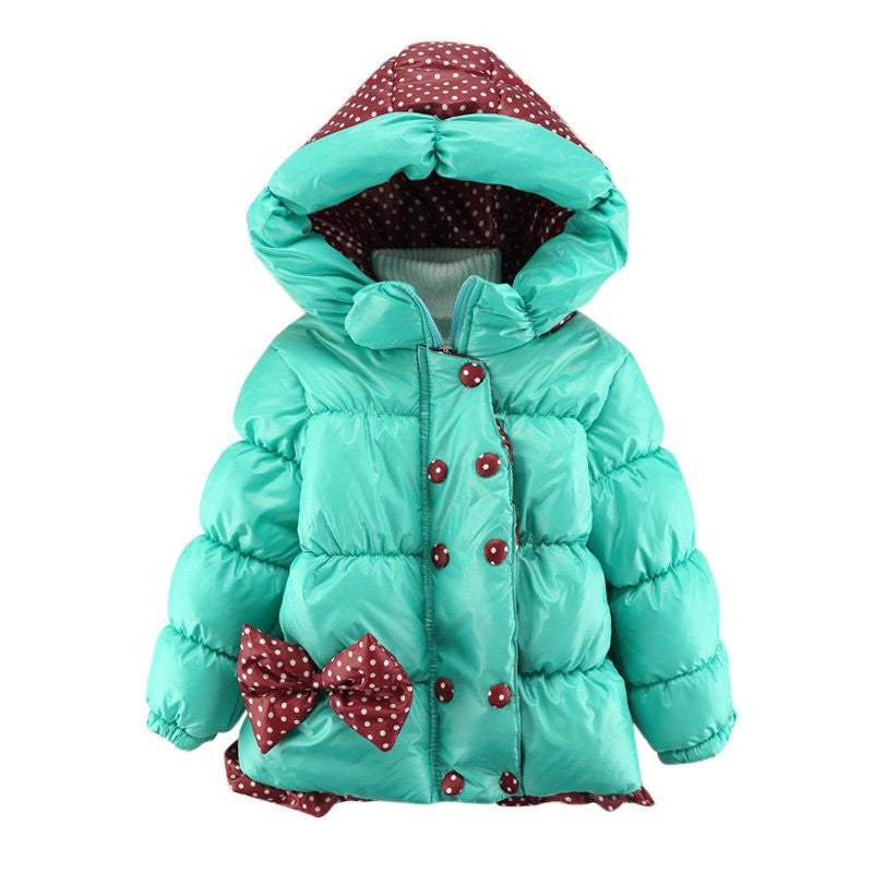 Super Warm Baby Girl Down Coat Bebe Hooded Jacket Bowknot Long Sleeve Jackets Kids Polka Dot Outwear J4U66