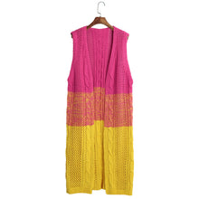 women gradient knitted long cardigan twist open front sleeveless casual long outwear blue light blue yellow J4U66