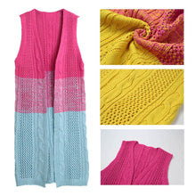 women gradient knitted long cardigan twist open front sleeveless casual long outwear blue light blue yellow J4U66