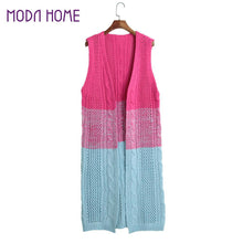 women gradient knitted long cardigan twist open front sleeveless casual long outwear blue light blue yellow J4U66
