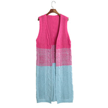 women gradient knitted long cardigan twist open front sleeveless casual long outwear blue light blue yellow J4U66