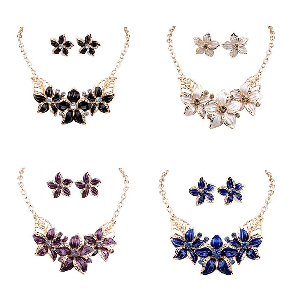 Woman Lady Party Oil Drop Flower Romantic WF Jewelry Set Necklace Earrings J4U66