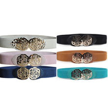 women adjustable elastic stretch flower buckle wide waist belt waistband J4U66