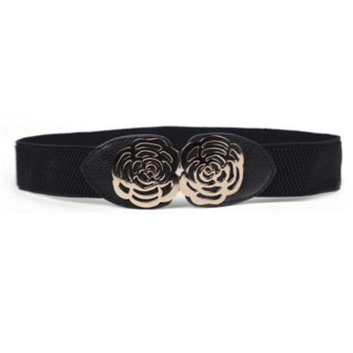 women adjustable elastic stretch flower buckle wide waist belt waistband J4U66