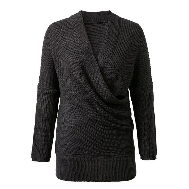 women loose long sleeve v neck sweater tops pullovers thin black white sweaters J4U66