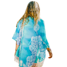 women boho chiffon kimono cardigan floral tassels fringed loose thin outerwearcoat beach cover up blue J4U66