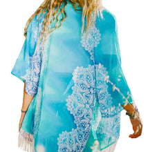 women boho chiffon kimono cardigan floral tassels fringed loose thin outerwearcoat beach cover up blue J4U66
