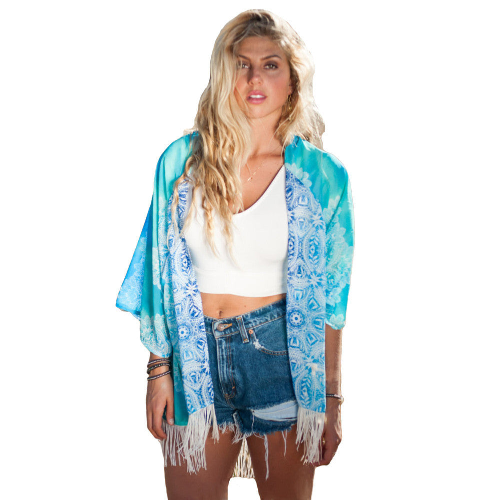 women boho chiffon kimono cardigan floral tassels fringed loose thin outerwearcoat beach cover up blue J4U66