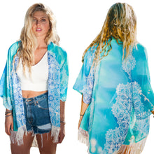 women boho chiffon kimono cardigan floral tassels fringed loose thin outerwearcoat beach cover up blue J4U66