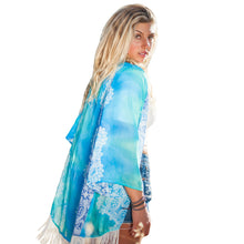 women boho chiffon kimono cardigan floral tassels fringed loose thin outerwearcoat beach cover up blue J4U66
