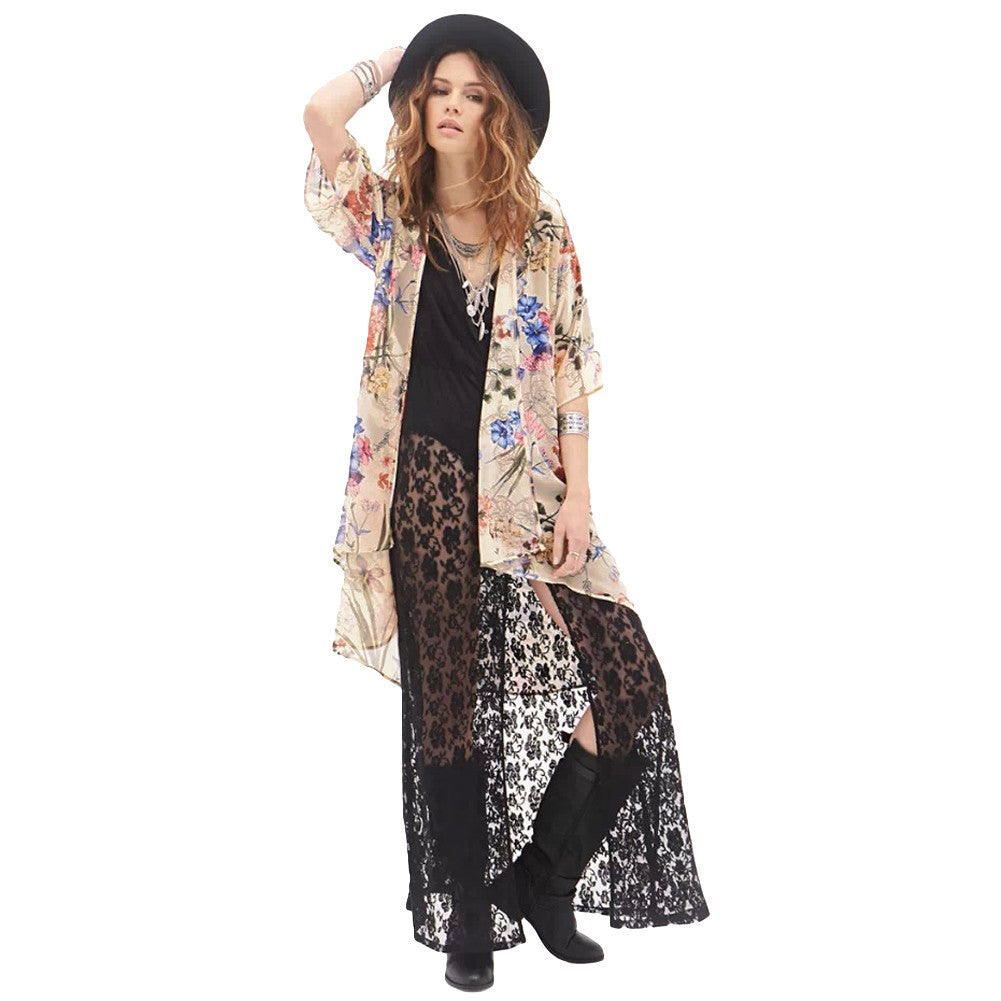 women chiffon blouses open front floral leaf print half sleeves thin outerwear loose elegant cardigan women coat yellow J4U66