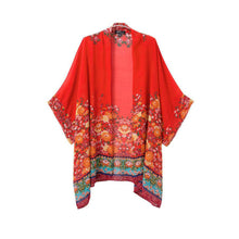 women chiffon outerwear open front floral print batwing 3 4 sleeves irregular hem thin vintage loose cardigan red J4U66