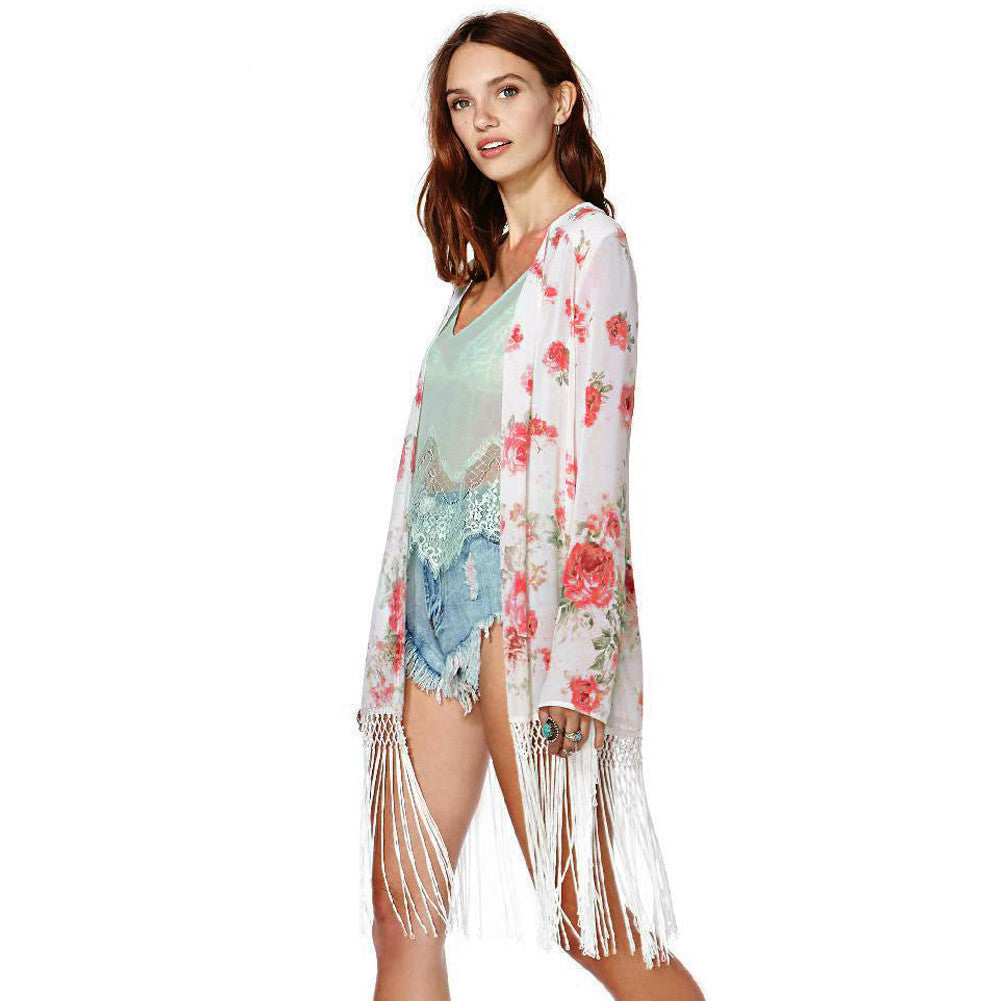 women chiffon outerwear open front floral print tassel women blouses long sleeves elegant loose cardigan thin coat red J4U66