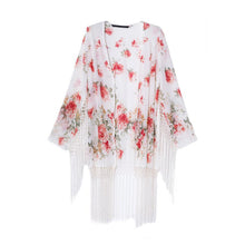 women chiffon outerwear open front floral print tassel women blouses long sleeves elegant loose cardigan thin coat red J4U66