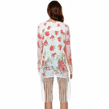 women chiffon outerwear open front floral print tassel women blouses long sleeves elegant loose cardigan thin coat red J4U66