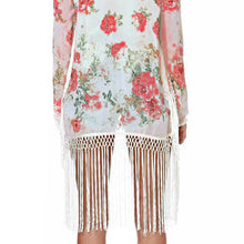 women chiffon outerwear open front floral print tassel women blouses long sleeves elegant loose cardigan thin coat red J4U66
