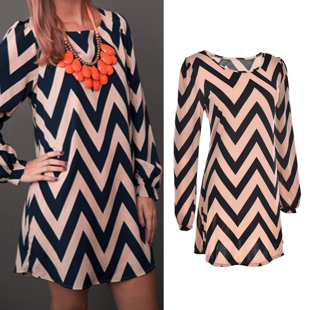 Women Formal Elegant OL Office Dress Dress Loose Evening Party Casual Knee-length Dress Wave Printing J4U66