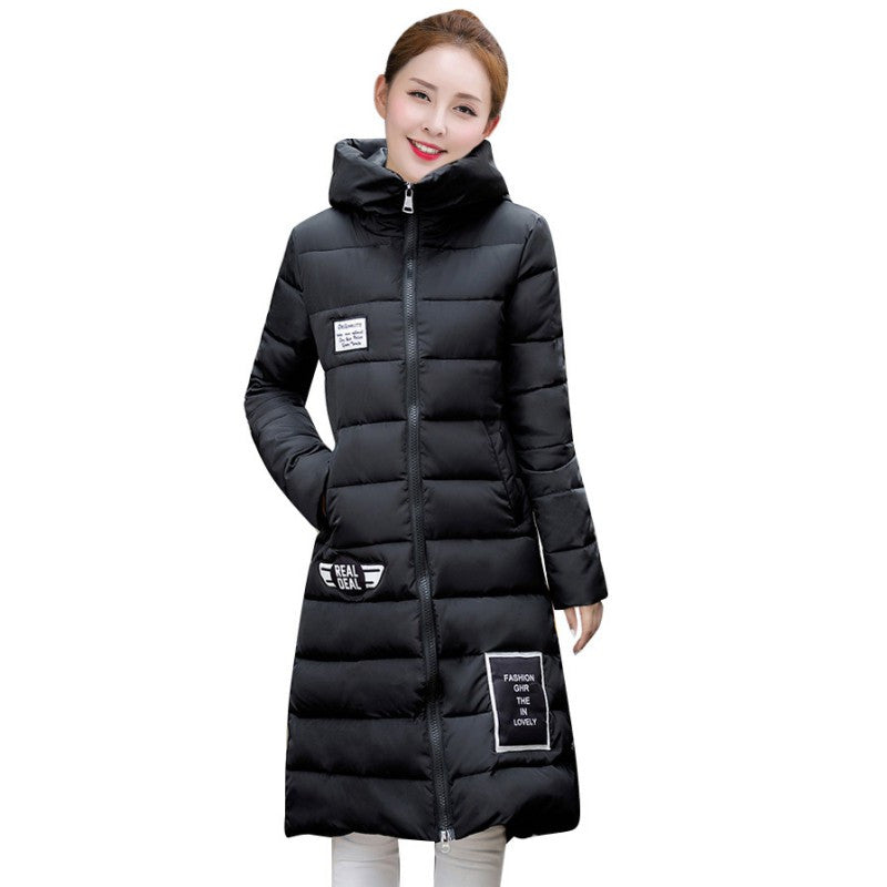 Full Sleeve Parkas Coat Cotton Padded Long Over Knee Thick Warm Black Coat Casual Clothing J4U66
