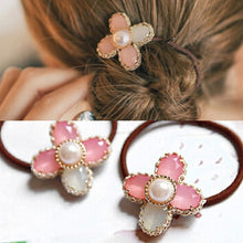 Women Hair Accessories Rhinestone Flower Crystal Hair Rope Imitation Pearl Floral Elastic Headband Rubber Pink Hair Band J4U66