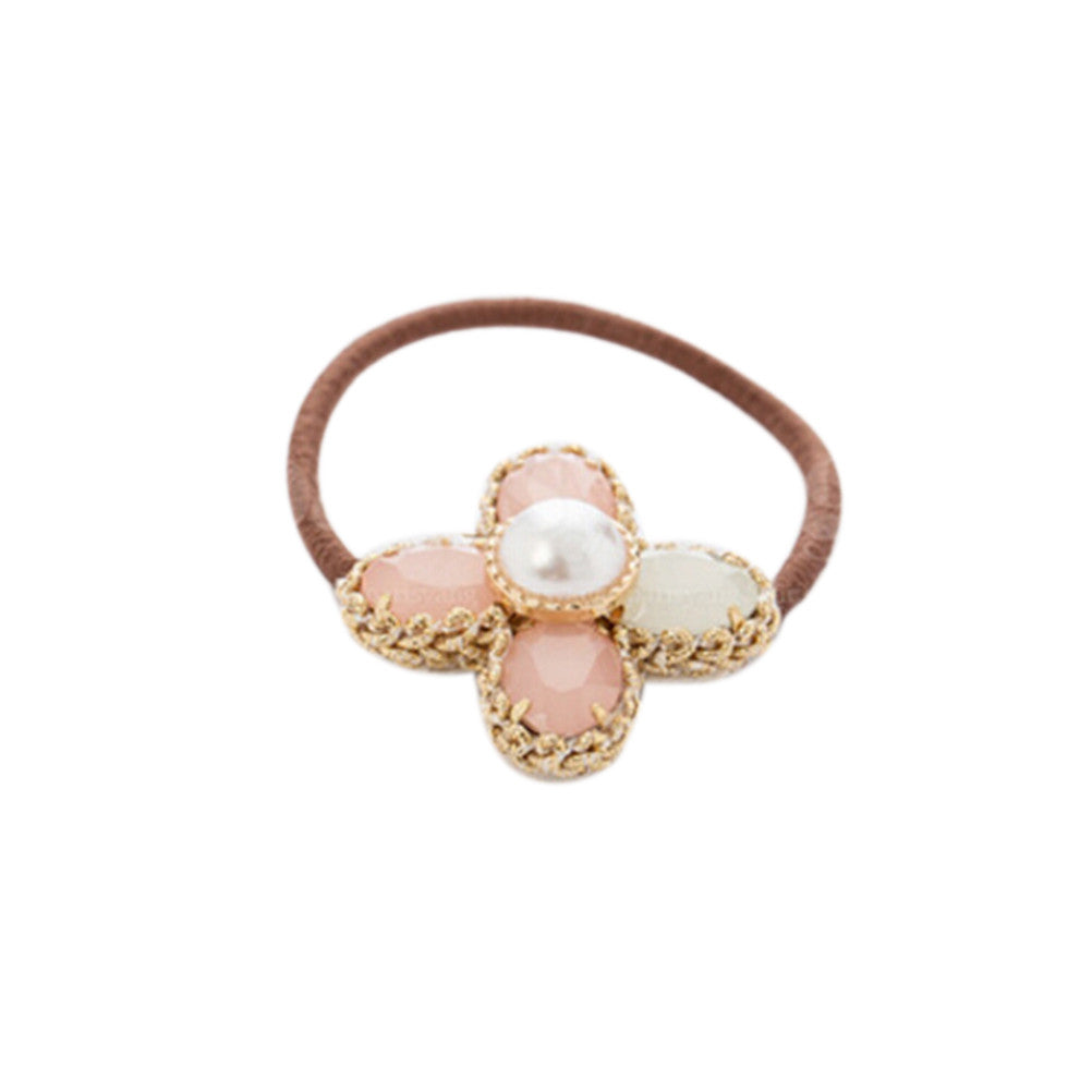 Women Hair Accessories Rhinestone Flower Crystal Hair Rope Imitation Pearl Floral Elastic Headband Rubber Pink Hair Band J4U66
