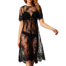 New Women Lace Dresses Casual Long Black Short Sleeve O Neck See Through Beach Wear B4 J4U66