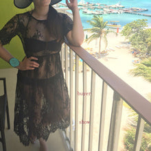 New Women Lace Dresses Casual Long Black Short Sleeve O Neck See Through Beach Wear B4 J4U66