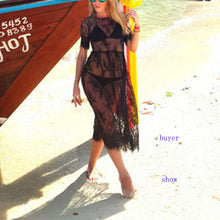New Women Lace Dresses Casual Long Black Short Sleeve O Neck See Through Beach Wear B4 J4U66