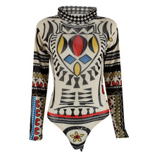Ladies Printing Slim Bodycon Long-sleeve Club Playsuits Jumpsuit Tops Transparent Bodysuits Tops J4U66