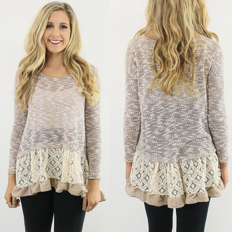 New Women Long Sleeve Slim Lace Hem off Two Sweater Knitting Wool Warm Pullover J4U66