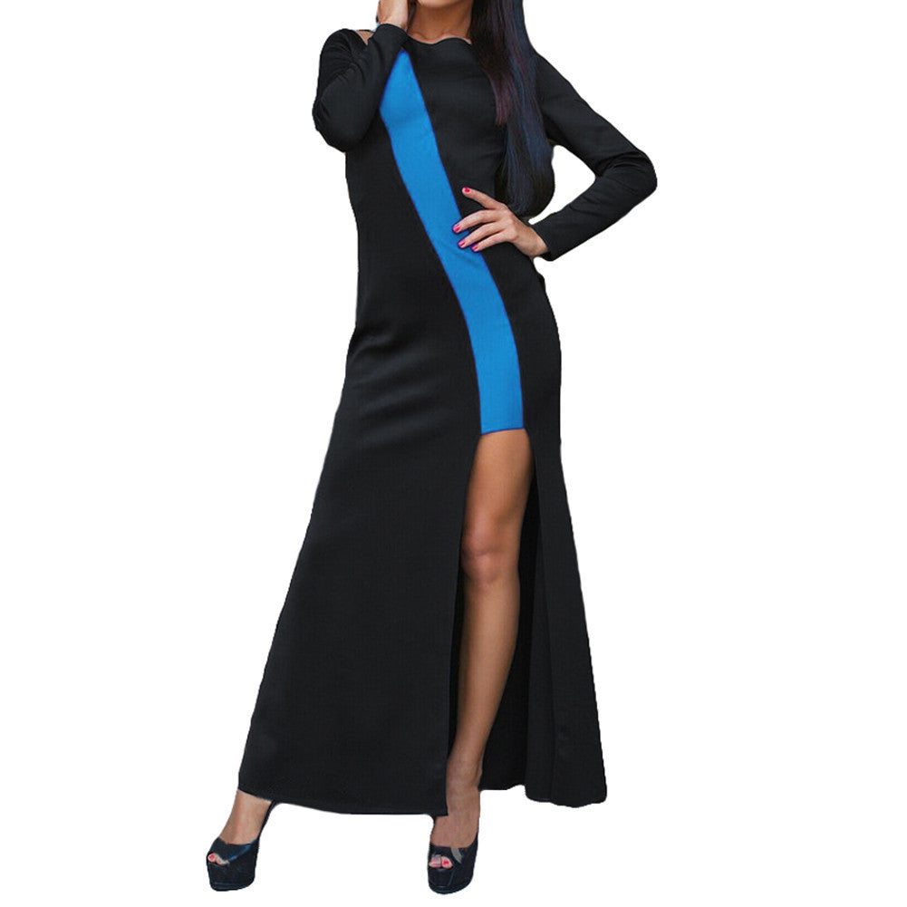 women low cut sexy dress contrastcolor o neck long sleeve irregular slit hem long dress women maxi dress vestidos J4U66