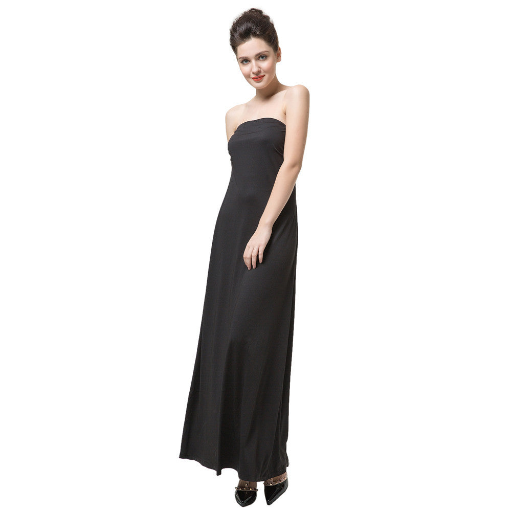 women maxi dress elegant strapless neckline ruched solid dress regular fit one piece black women elegant dress J4U66