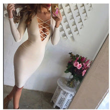 New Women Sexy Bandage Bodycon Casual Midi Dress Long Sleeve Party Dresses J4U66
