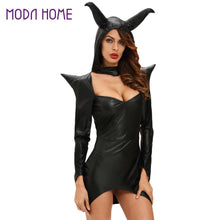 women sexy halloween witch costume cosplay dark sorceress mini wicca dress horn high low hem pu leather hooded uniform black J4U66
