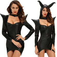 women sexy halloween witch costume cosplay dark sorceress mini wicca dress horn high low hem pu leather hooded uniform black J4U66