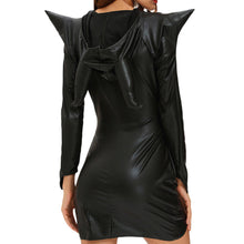 women sexy halloween witch costume cosplay dark sorceress mini wicca dress horn high low hem pu leather hooded uniform black J4U66