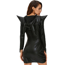 women sexy halloween witch costume cosplay dark sorceress mini wicca dress horn high low hem pu leather hooded uniform black J4U66