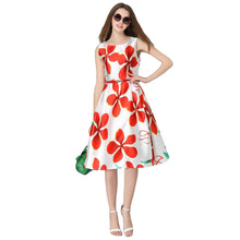 women dress floral print o neck sleeveless belt zipper slim elegant a line party dress red J4U66