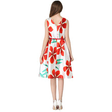women dress floral print o neck sleeveless belt zipper slim elegant a line party dress red J4U66