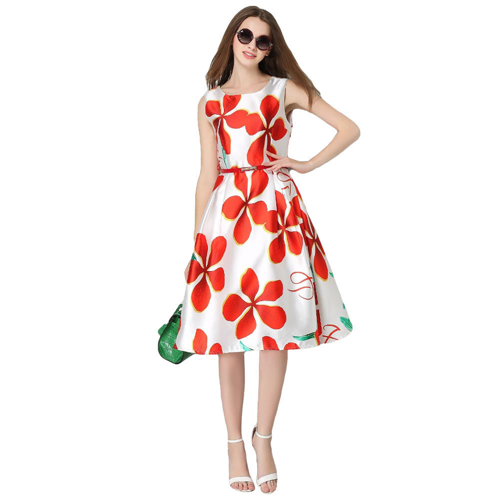 women dress floral print o neck sleeveless belt zipper slim elegant a line party dress red J4U66