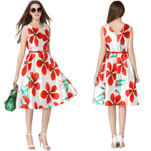 women dress floral print o neck sleeveless belt zipper slim elegant a line party dress red J4U66