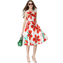 women dress floral print o neck sleeveless belt zipper slim elegant a line party dress red J4U66
