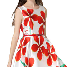 women dress floral print o neck sleeveless belt zipper slim elegant a line party dress red J4U66