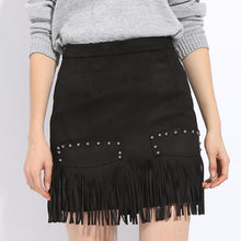 women vintage fringe suede cocktail bodycon high waist tassel rivet pencil mini skirt plus size J4U66